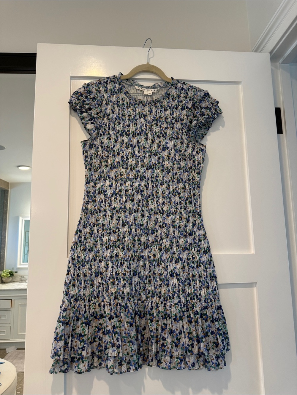 Veronica Beard Blue and Green Floral Smocked Midi Dress